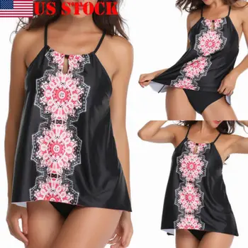 

Ethnic Style Printing Backless Swimsuit Swimdress With Attached Bottom Swimwear