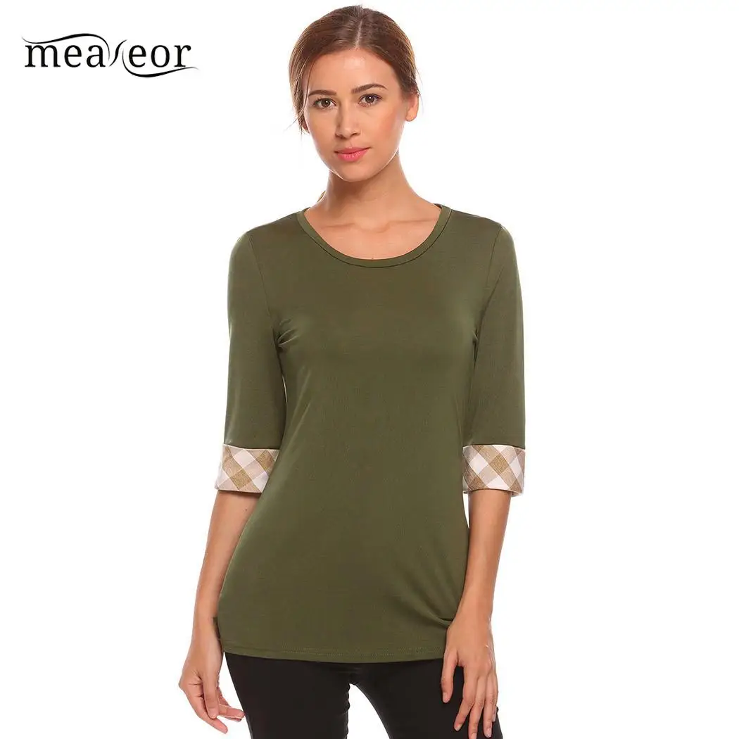 

Meaneor Summer Slim T Shirt Women New Arrivals Fashion Round Collar Plaid Patchwork 3/4 Sleeve Casual tshirt tee shirt femme