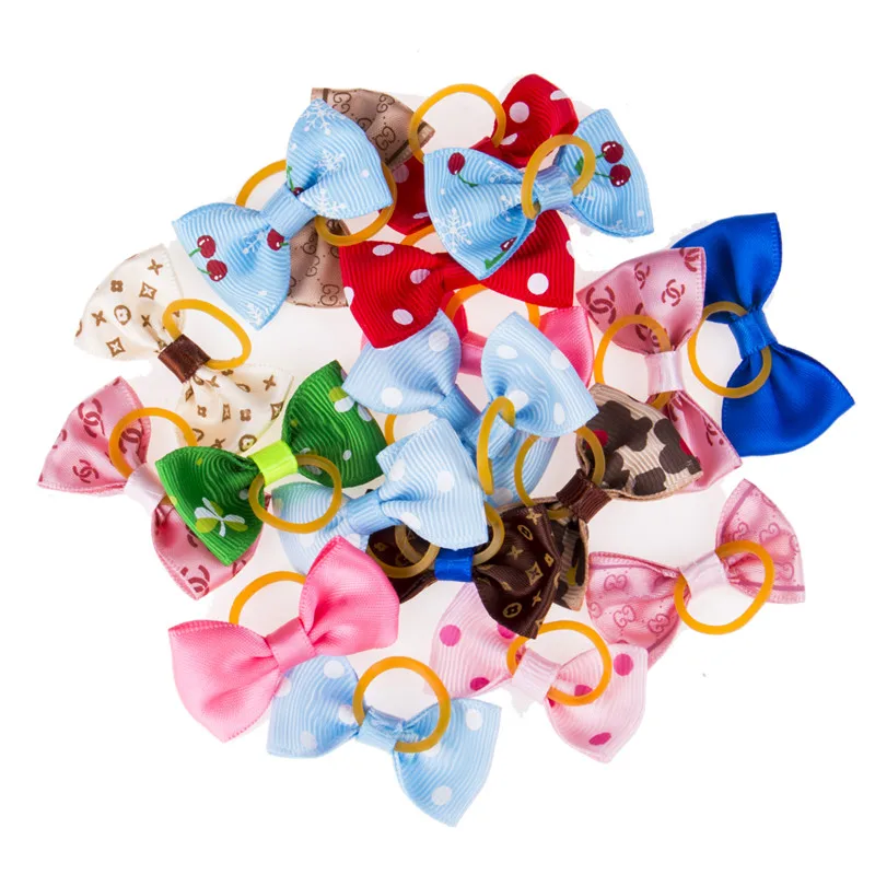 

20Pcs Cute Ribbon Pet Grooming Accessories Handmade Small Dog Cat Hair Bows With Elastic Rubber Band Mix Color