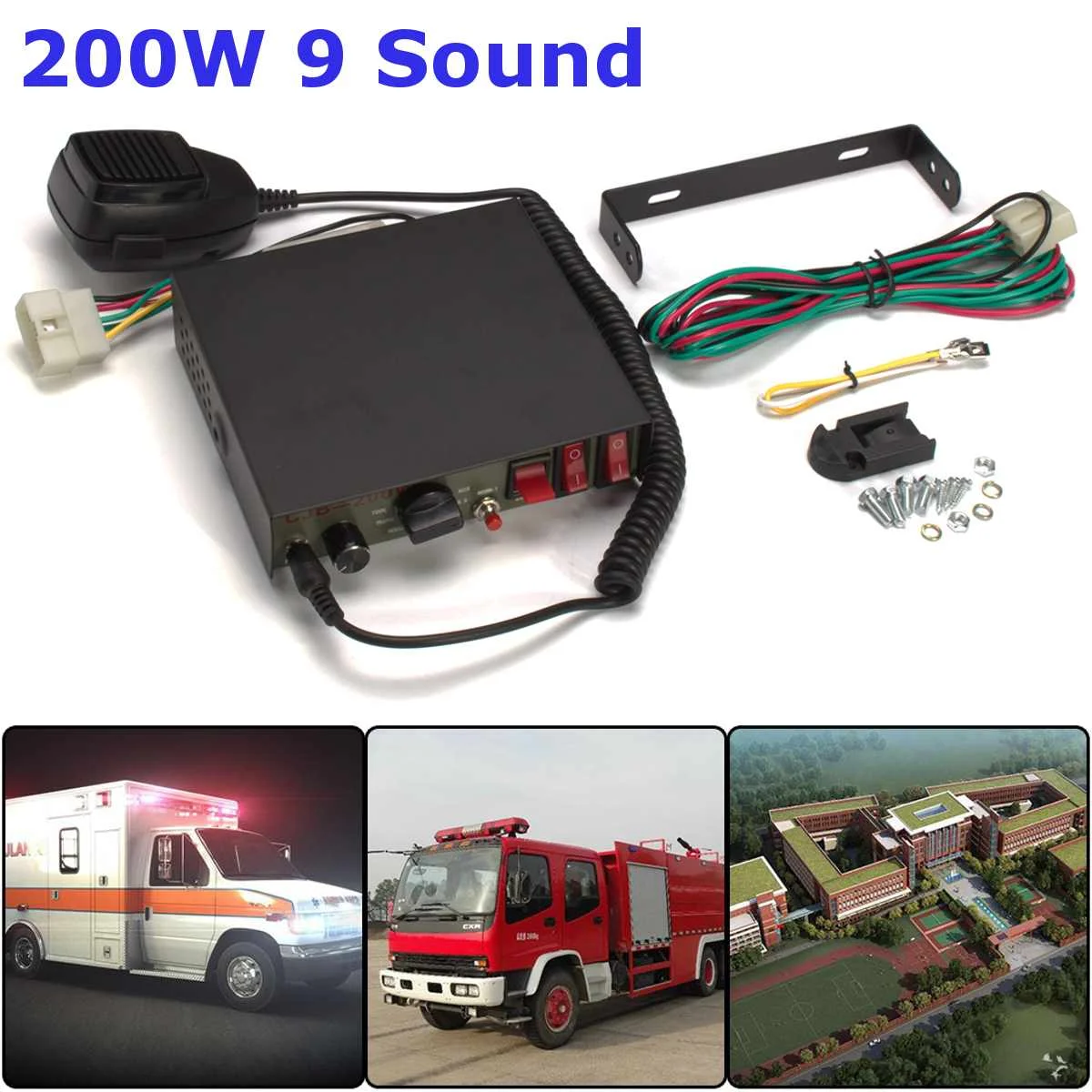 

1Set Car Horns 200W 12V 9 Sound PA Black Metal Flat Speaker Megaphone Electronic Speaker For Emergency Truck US Polices Siren