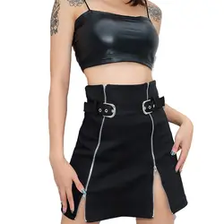 Черный панк-юбка для женщин ремень двойная молния украшения Летняя мини юбка наряд