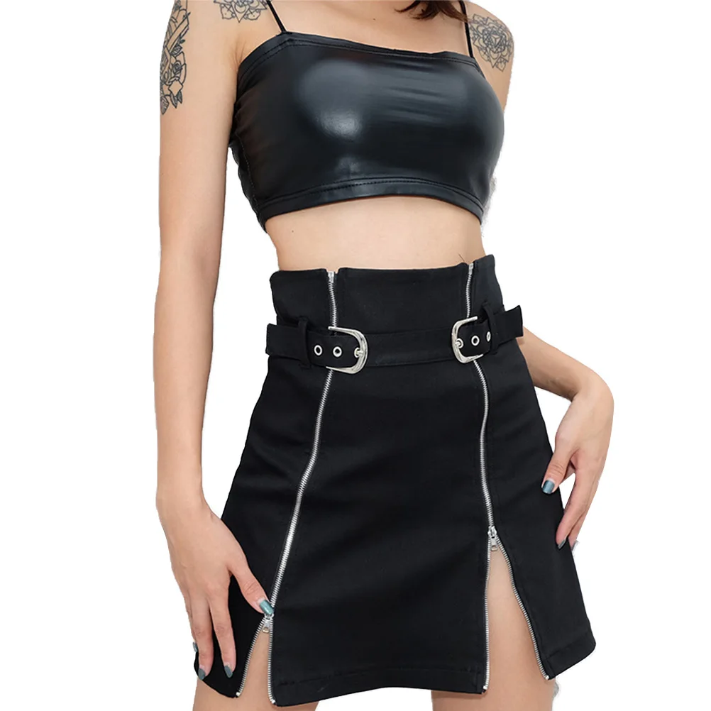

Black Punk Skirt Women Belt Double Zipper Decoration Summer Mini Skirt Outfit