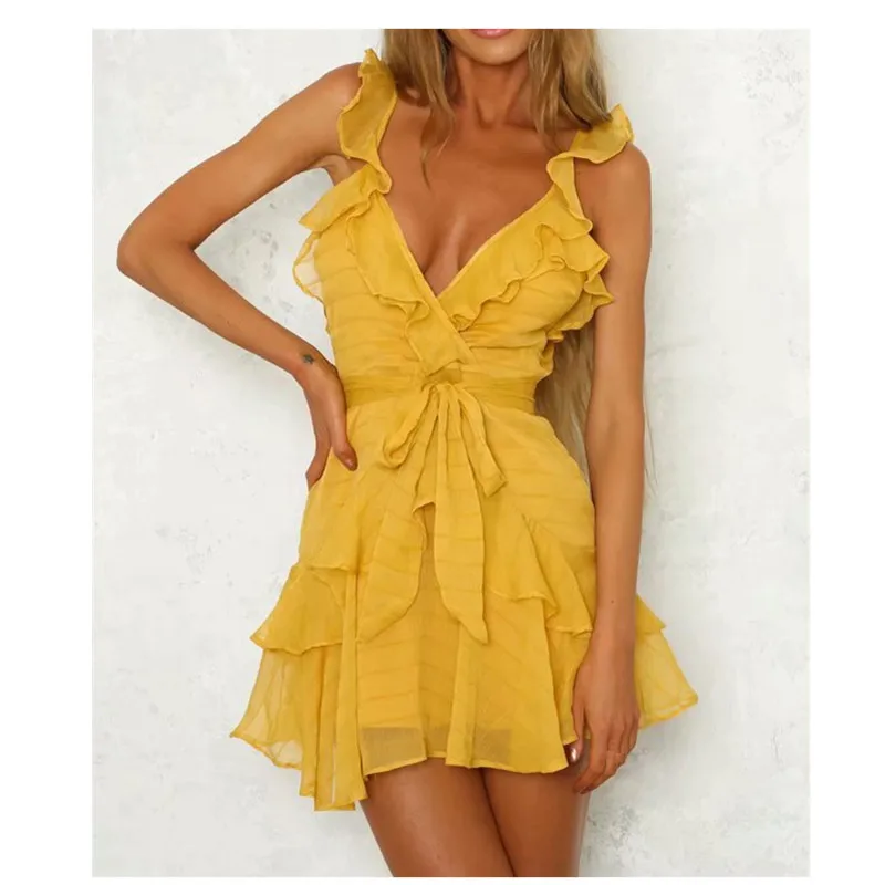 Green Solid Deep V Neck Sexy Dress Ruffle Bow Women Dress Casual Dress Bohemian Beach Dress Vestidos