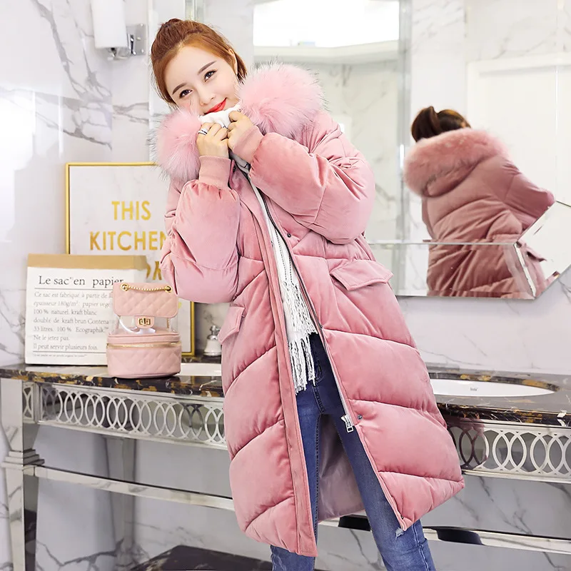 Velvet Down Jacket Female Winter Big Fur Collar Parka Korean Slim Large Code Coat For Ladies Loose Long Winter Jacket Women