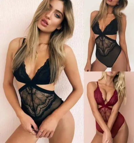 

Women Body Sexy Deep V-neck Hollow Out Lingerie Bodysuit Nightwear Lace Mini Lingerie Sexy Hot Erotic Babydoll S M L XL