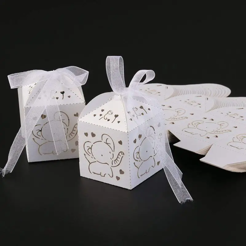 

50pcs Elephant Project Wedding Baptism Boxes Dragees Boxes Table Box Decoration Candy Gift Box Wedding Decoration (White)