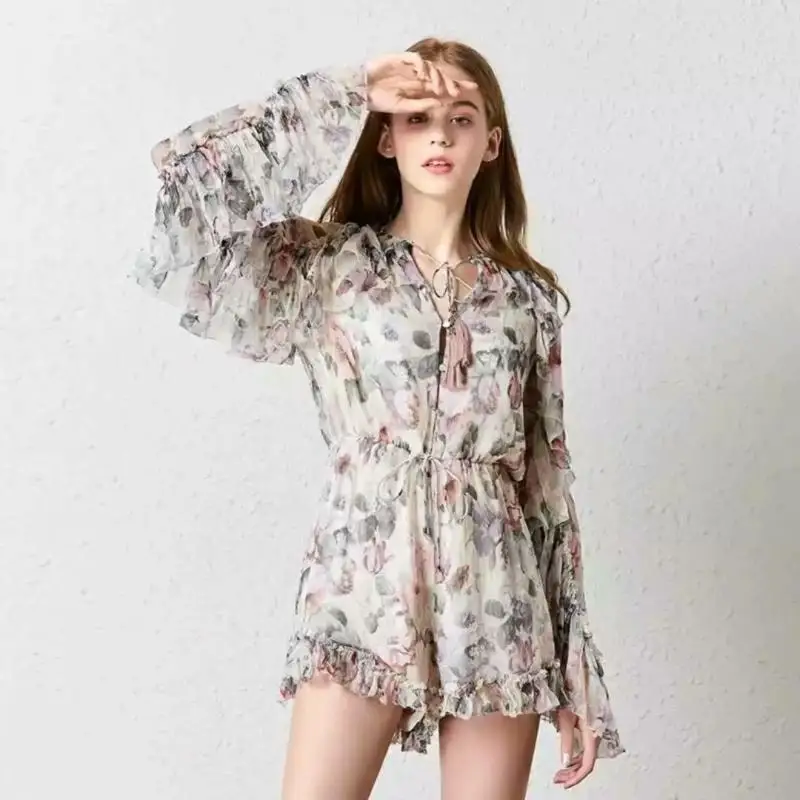 2019 Fashion Women Floral Print Rompers Ruffles Long Sleeveless Chiffon Short Jumpsuit Vintage Bohemian Party Playsuits 2019 Fashion Women Floral Print Rompers Ruffles Long Sleeveless Chiffon Short Jumpsuit Vintage Bohemian Party Playsuits