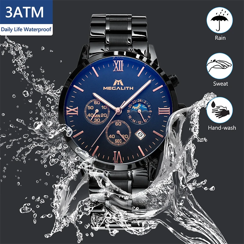 MEGALITH Fashion Casual Watches With Chronograph Date Calendar Waterproof Black Stainless Steel Sport Military Wristwatch Mens MEGALITH Fashion Casual Watches With Chronograph Date Calendar Waterproof Black Stainless Steel Sport Military Wristwatch Mens