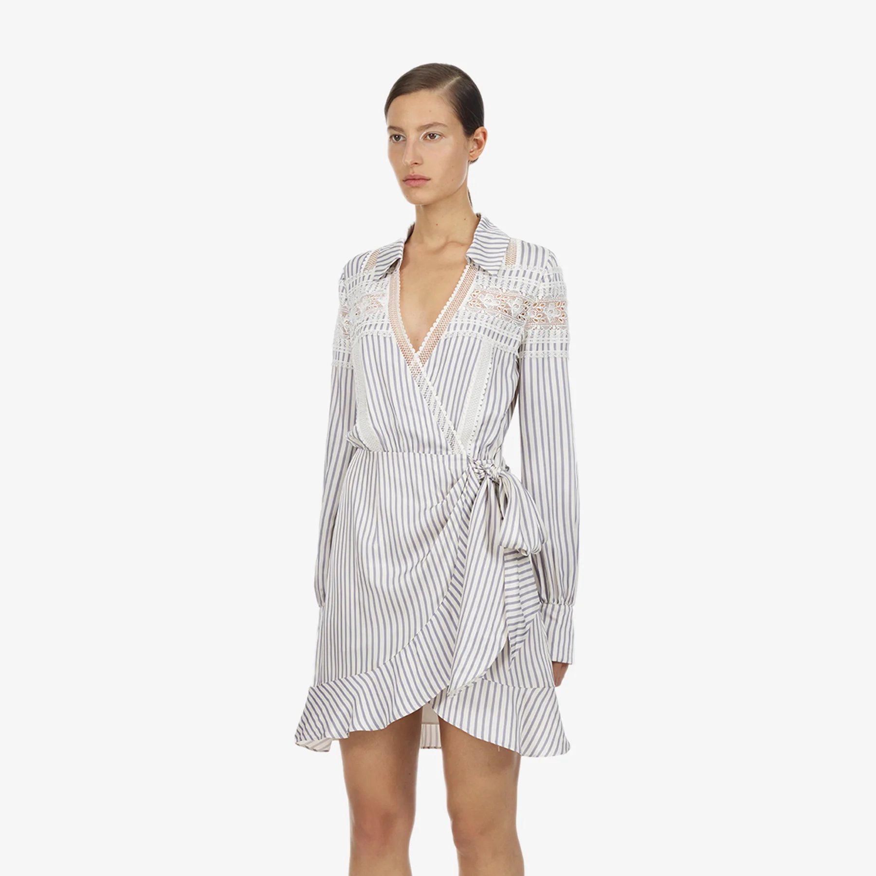 

V-neck Long Sleeve Lace Stitching Lotus Leaf Hem New White Striped Dress Spring 2019 Striped Asymmetrical Dresses Women