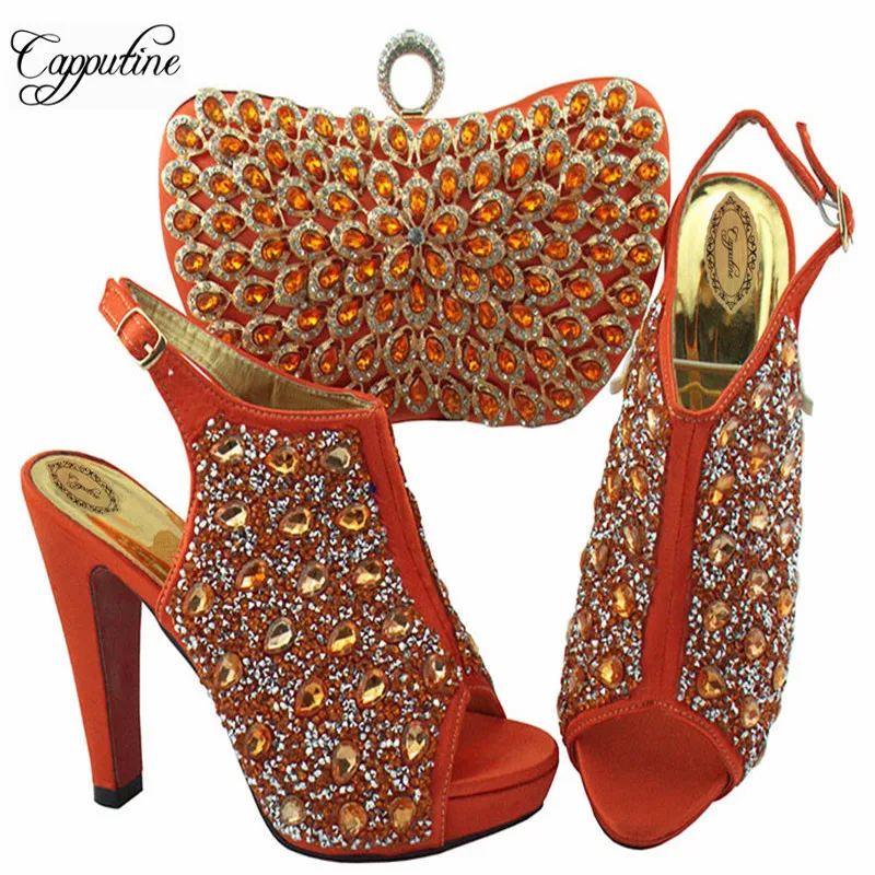 

African Ladies Orange Shoes And Bag Set For Wedding Itallian Fashion High Heels Shoes And Bag Set For Party Low Price SL005