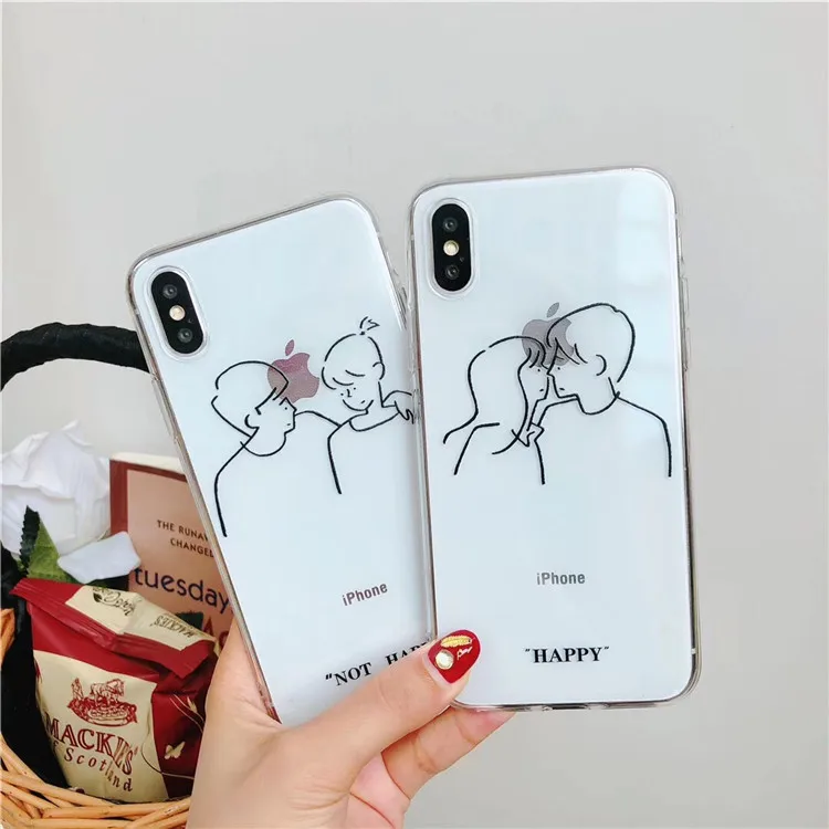 

Cute Couples Simple Kiss Line Phone Case For iPhone 6 6S 7 8 Plus X transparent Clear Couples Soft TPU Phone Back Cover Cases