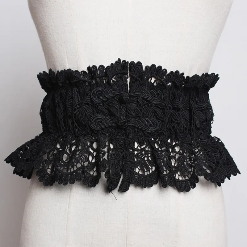 

[YaLee] New Fashion 2019 Spring Summer Vintage Buckle Hollow Lace Elastic Girdle Irregular Wide Belts Women Y189