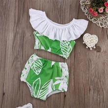 Дети девушка с открытыми плечами листьев лотоса раздельное бикини ванный комплект купальный костюм, купальник купальное трикини Biquni детей