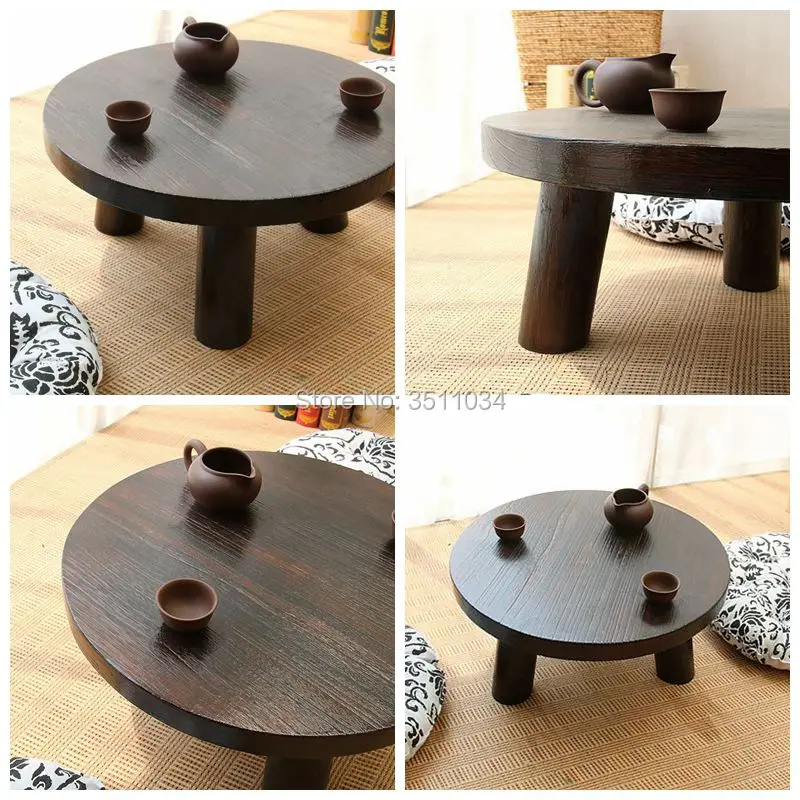 Japanese Antique Small Round Table 40x22cm Paulownia Wood Traditional Asian Furniture Living Room Low Floor Coffee Table Wooden
