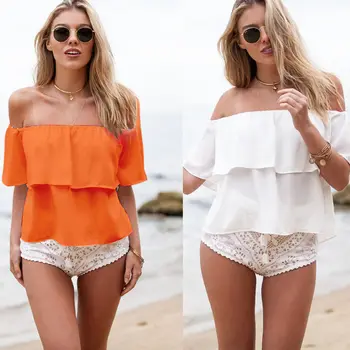 

2018 Newly Cute Fashion Summer Women Ladies Chiffon Blouse Short Sleeve Off Shoulder Pullover Solid Ruffles Blouse 2 Style