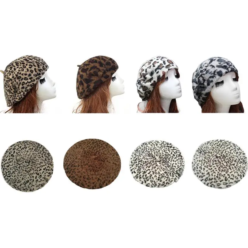 

Women Leopard Print Berets Hat Winter Rabbit Fur Warm Temperament Berets Fashion Free Size High Quality Knit Elastic Painter Hat