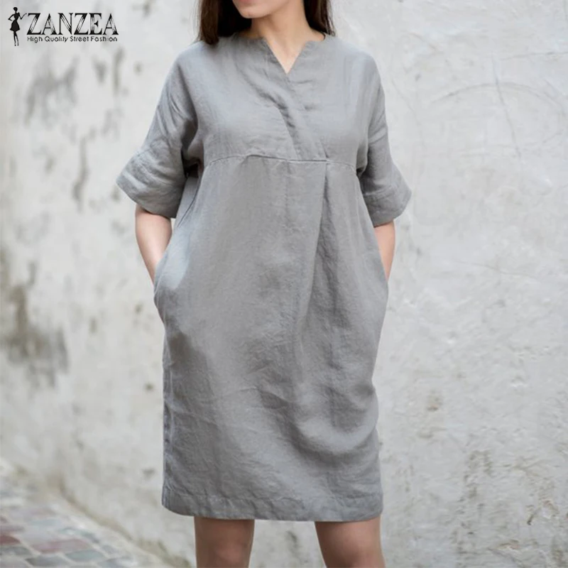

ZANZEA 2019 Summer Cotton Linen Dress Vintage Women V Neck Short Sleeve Solid Midi Dress Ladies Casual Robe Work Shirt Vestido