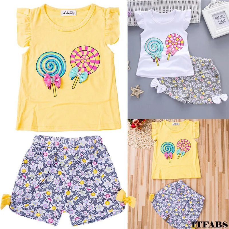 

Toddler Kids Baby Girl Cotton Casual Outfits Newborn Summer Clothes Lollipop Print Sleeveless Vest+Floral Bow Shorts 2Pcs 0-3Y