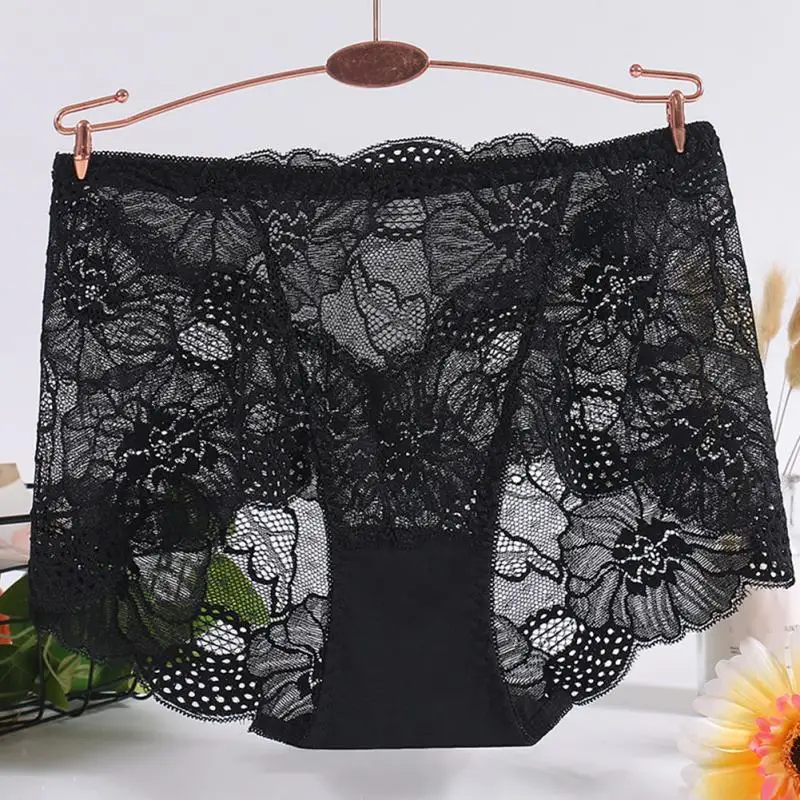 

Women Soft Seamless Panties Lace Crochet Moisture Absorption Briefs Transparent Mid-rise Underwear Plus Size L-2XL