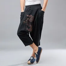 Вышивка китайский дракон большой промежности штаны мужские хлопковые льняные шорты повседневные эластичные талии мешковатые традиционные льняные шаровары