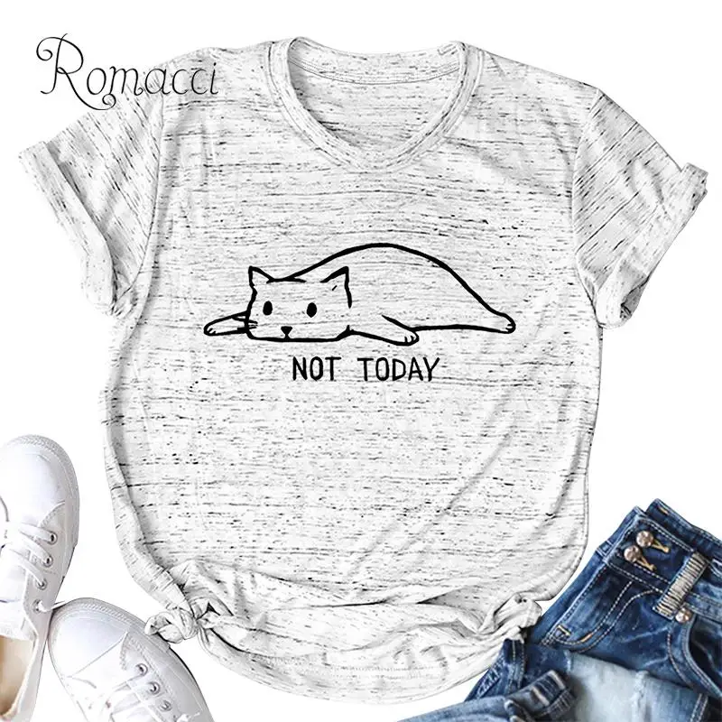 

Romacci Funny Women Cotton T-shirt Not Today Cartoon Cat Letters Print Oversized Slogan T Shirt O Neck Short Sleeve Casual Tops