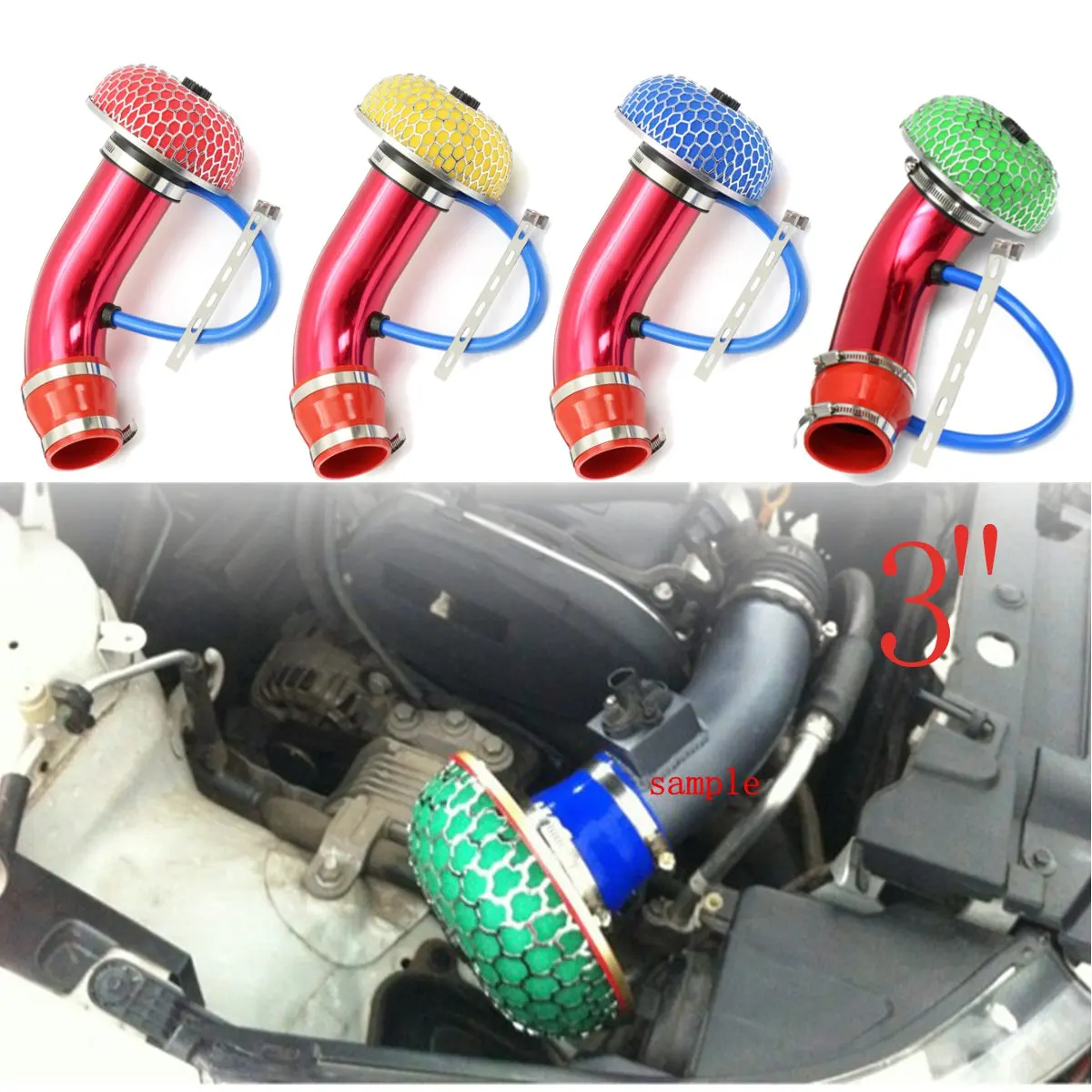 

Universal 76mm 3 inch Turbo Cold Air Intake Aluminum Pipe & Filter Power Flow Kit Blue Red Yellow Green 4 Color