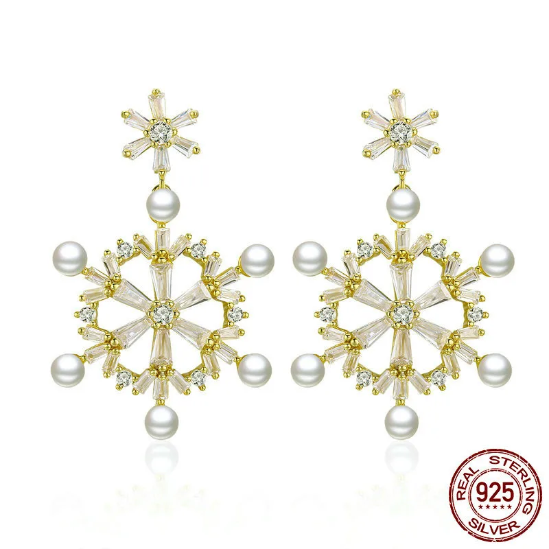 

Earrings Pearl 100% 925 Sterling Silver Snowflake Long Drop Dangle Earring Silver 925 Women 2019 Pin For Ears Bse073
