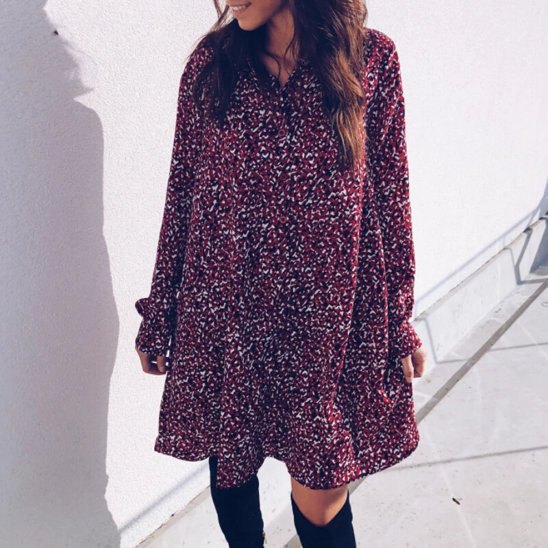 

Autumn Spring Women Dress V Neck Long Sleeve Shirts Party A Line Loose Casual Short Mini Dress Vestidos Clubwear Dress Women