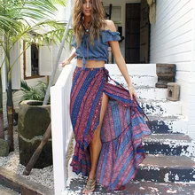 Стильные богемные пляжные юбки с принтом раздельные юбки новые женские юбки boho сексуальные юбки длиной до щиколотки праздничные плиссированные юбки