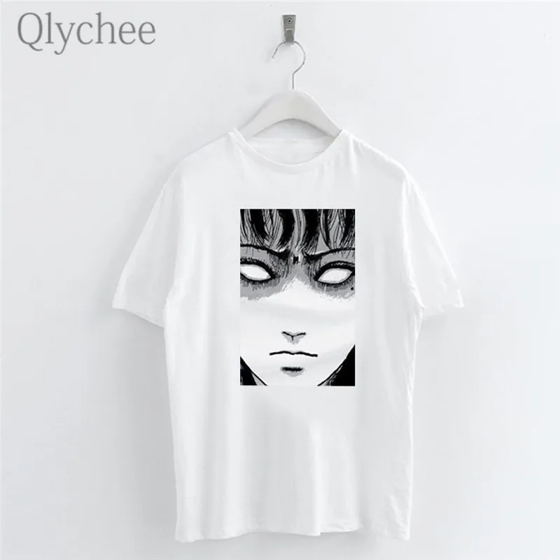 

Qlychee Harajuku Dark Anime Face Print Female White T-shirt Crew Neck Short Sleeve T-Shirts Women Simple Casual Top Tee