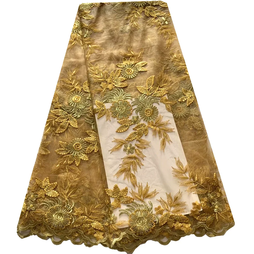 

African Lace Fabric 2019 Gold Nigerian Laces Fabric Bridal High Quality Embroidered French Tulle Lace Fabric for Wedding Dress