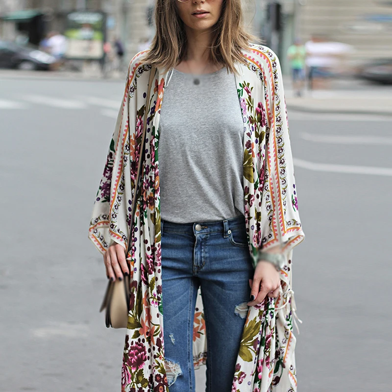 

Ladies Plus Size Kimono Cover Up Printed Long Sleeve Tops Cardigan Casual Beach