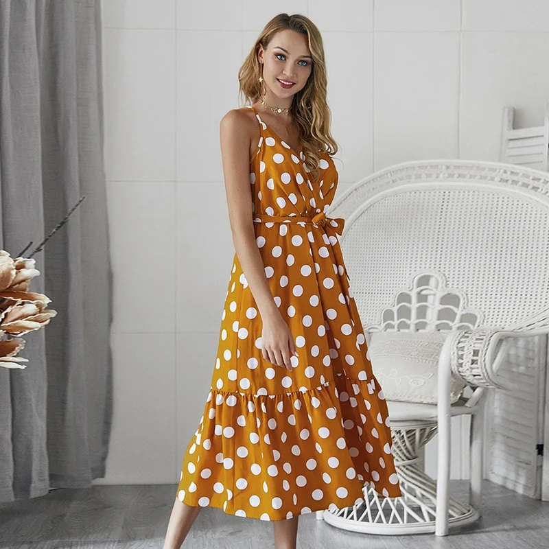 

Summer Print Polka Dot Dress Women Spaghetti Strap V-Neck Dress Off Shoulder Sleeveless Bohemian Mid Dress Beach Dress
