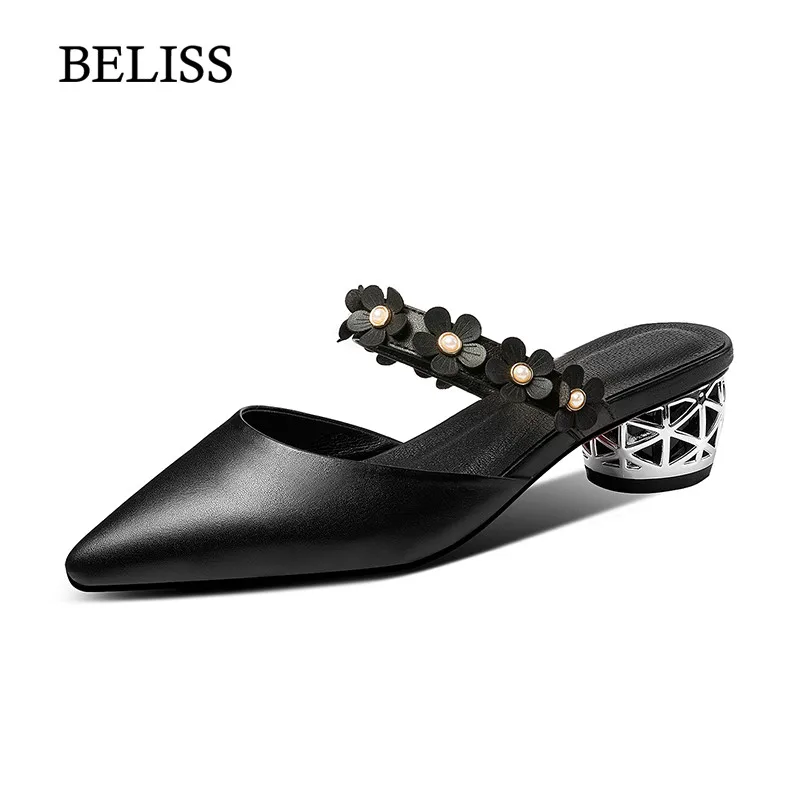 

BELISS 2019 Slippers Woman Leather Flower Summer Women Flat Slippers Slip On Fashion Ladies Mules Casual Loafers Pointed Toe S44
