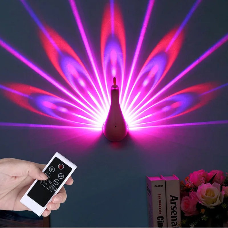 

Remote Control 3D LED Projection Lamp Peacock Shape Wall Night Light Lamp Colorful LED Night Light for Home Decoration Bedroom