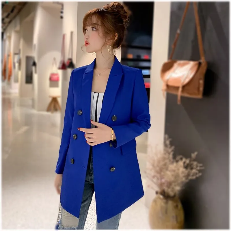 Double Breasted Spring Workwear Office Long Blazer Button Women Jacket Black Slim Outerwear
