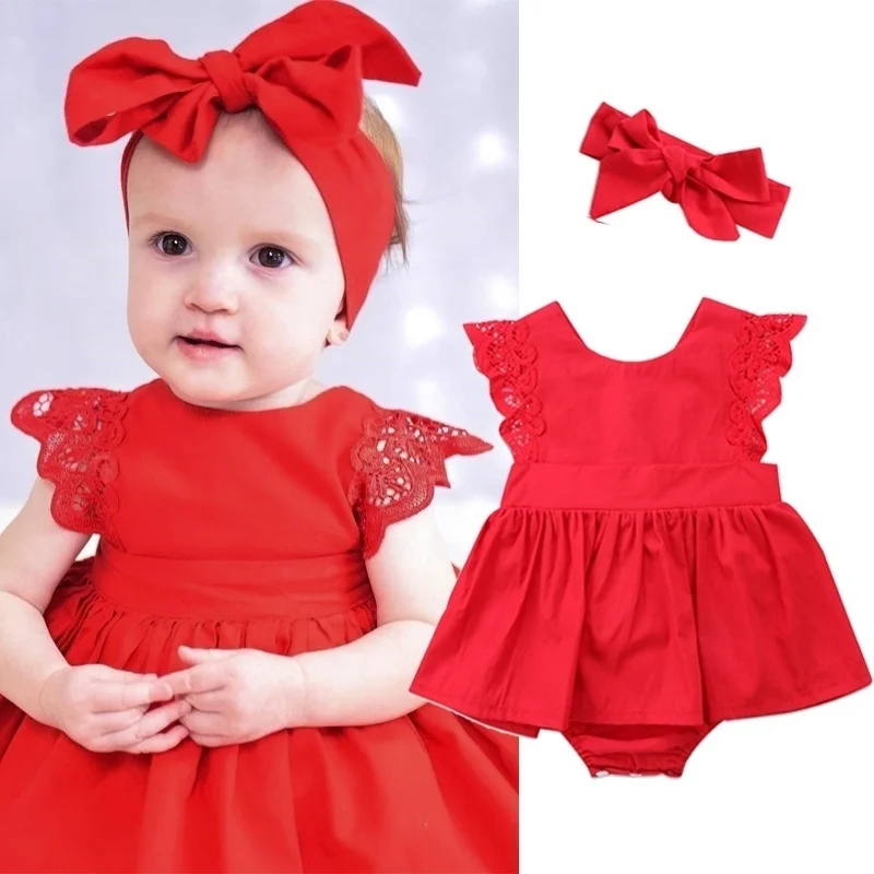 

Solid Sleeveless Baby Girl Lace Dress Romper and Bow Headband