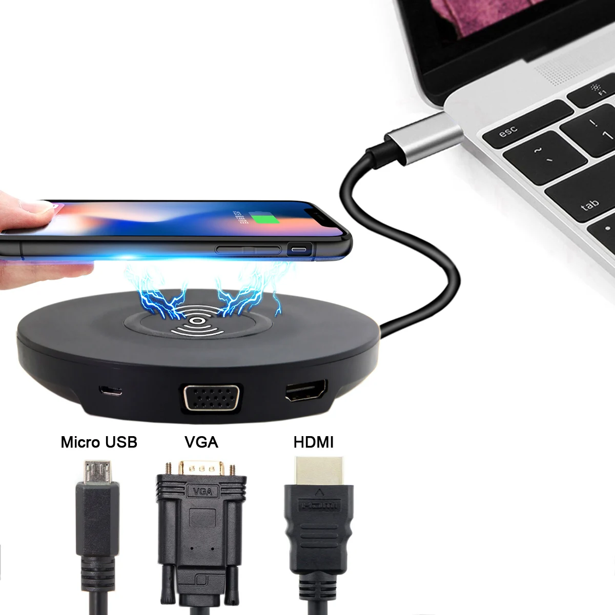 Адаптер Jimier HDMI 4 K VGA 1080 P type-C для USB-C с беспроводной зарядкой для ноутбуков и Macbook и iPhone