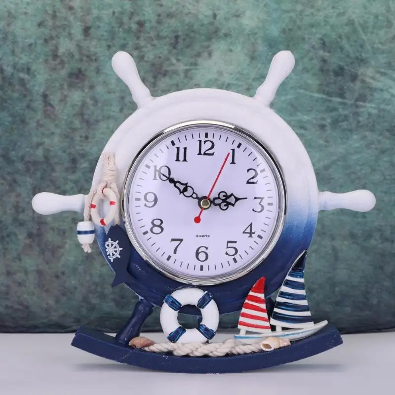 1pc Mediterranean Style Helmsman Desk Table Clock Wooden Crafts Home Decoration Alarm Clocks Table Clock  