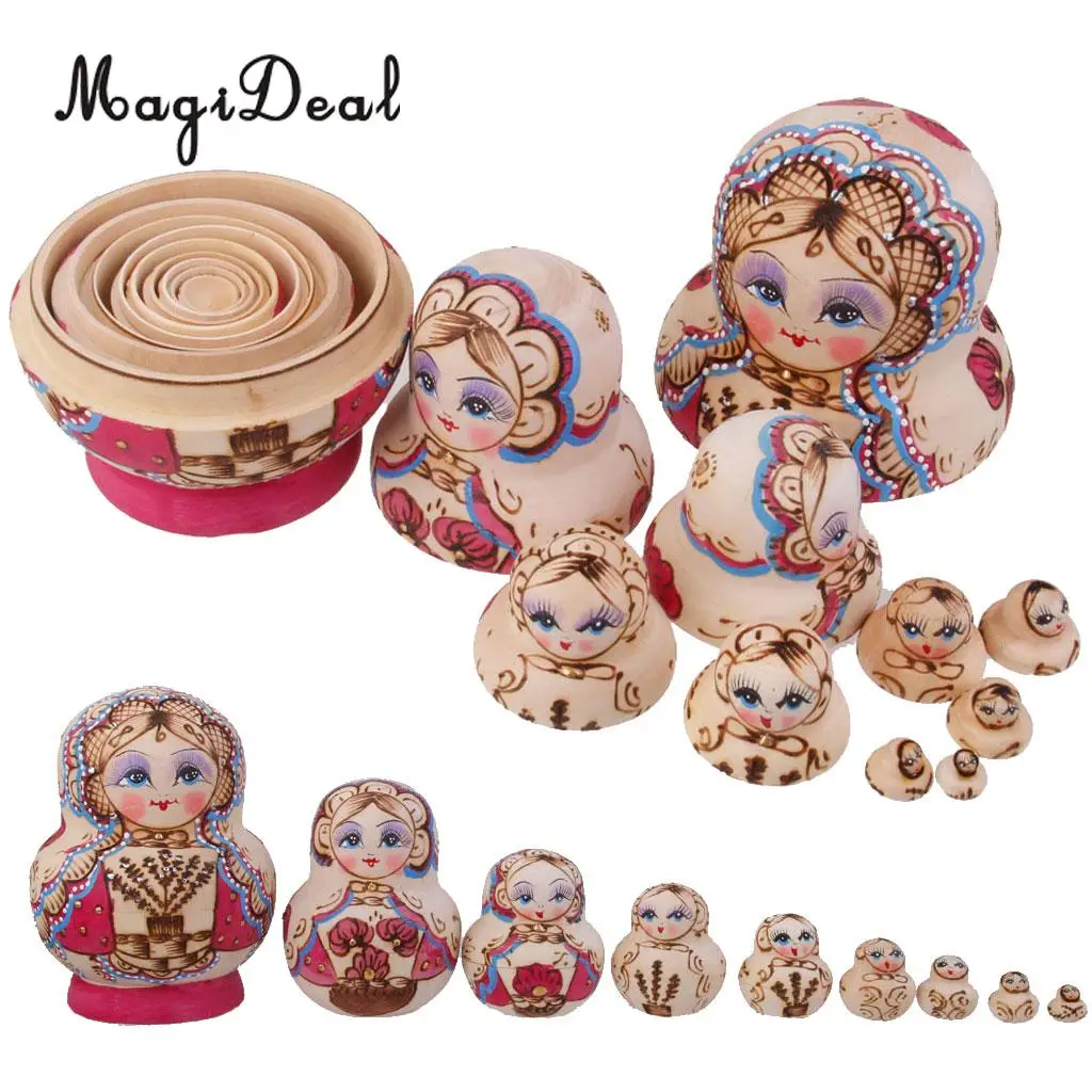 

10Pcs/Set Wooden Russian Nesting Dolls Fuchsia Hand Painted Matryoshka for Living Room Home Office Decor Children Novelty Gift