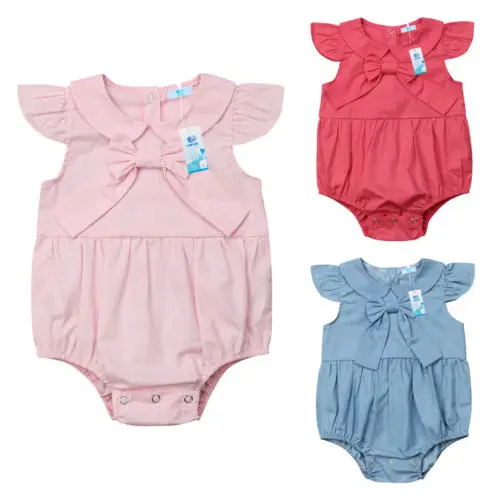 Summer Infant Baby Girl Bodysuits Plain Ruffle Sleeveless Bowknot
