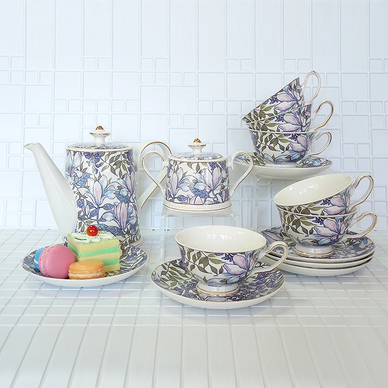 

High quality bone china handmade Tea set Purple flower leaf pattern A set of 14 pieces Birthday Holiday Gift