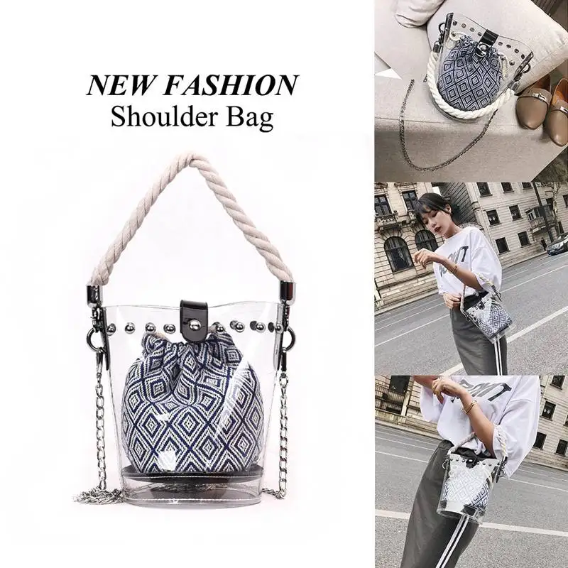 

Blue new fashion PVC chain diagonal handbag fashion transparent hit color diamond rivet hemp rope shoulder diagonal mother bag