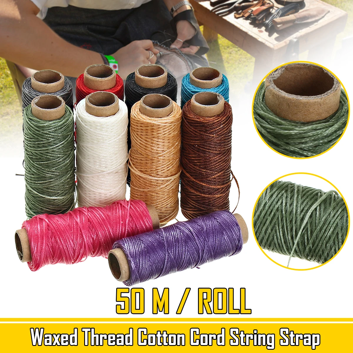Buy 50m/roll 1mm Waxed Thread Cotton Cord String Strap