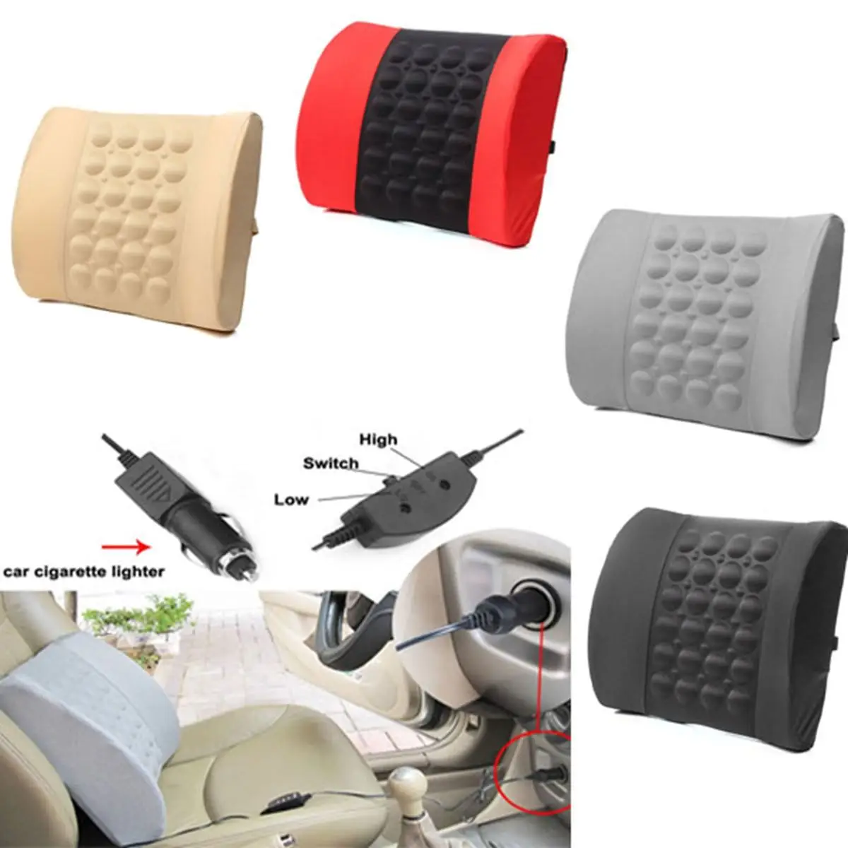 

12V Electric Massage Lumbar Cushion Back Relaxation Travel Pillow Office Car Seat Back Waist Support Pain Relief Pad