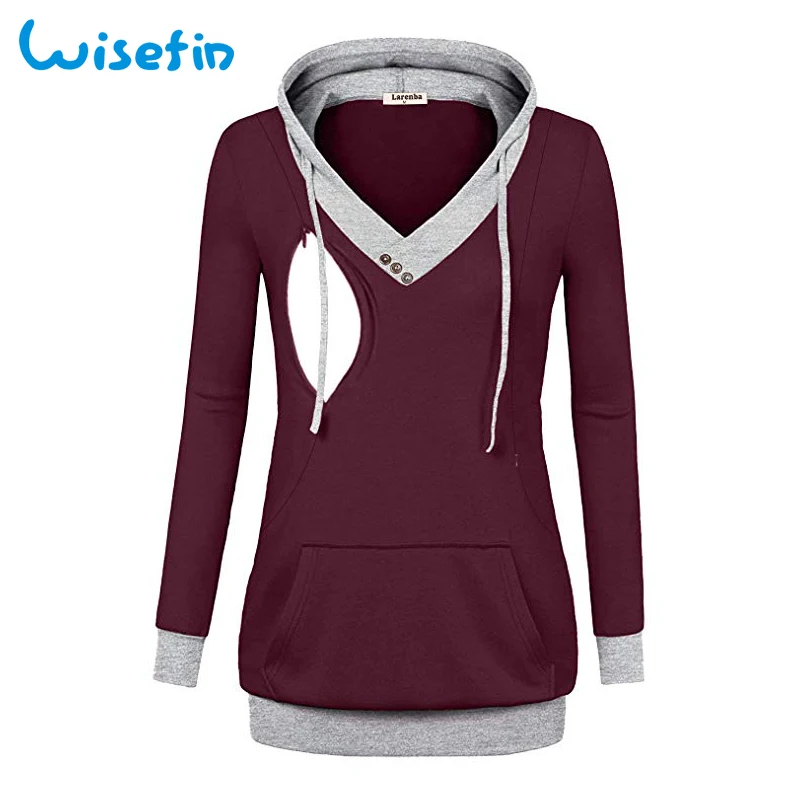 Wisefin Long Sleeve Nursing Top Pregnant Shirt Pocket Breastfeeding Clothes Hoodies Maternity Tops Pregnancy T Shirt Nursing Tee