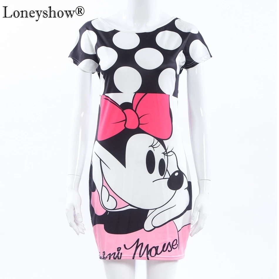 

2017 New Fashion Women Summer Plus Size S-3XL Short Sleeve Slim Bodycon Cute Cartoon Mouse Print Sexy Mini Dress Vestido Quality