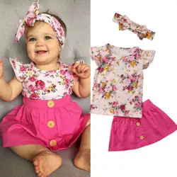 Летний модный комплект одежды из 3 предметов для маленьких девочек, топы с цветочным рисунком, футболка + юбка на пуговицах + повязка на