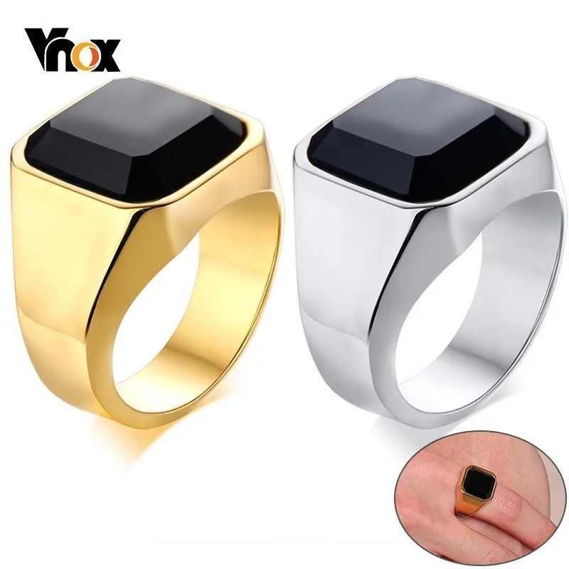 

Vnox Stylish Mens Signet Pinky Ring Gold and Silver Tones Stainless Steel Black Stone anel masculino Male Accessory