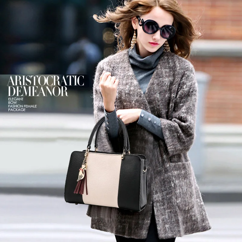 الصيف النساء ضرب اللون حقائب يد جلدية عارضة حمل أكياس Crossbody حقيبة الأعلى مقبض حقيبة مع شرابة و القط قلادة (أسود)